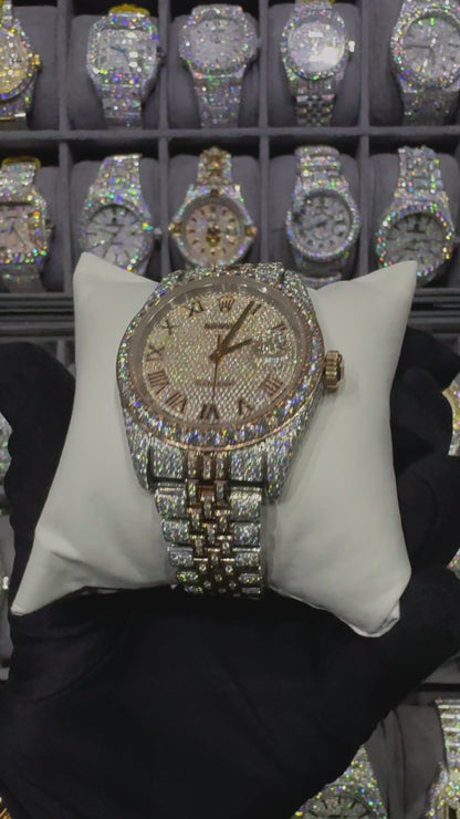 Rose White Round Roman Dial Jubliee Bend Moissanite Diamond Automatic Watch