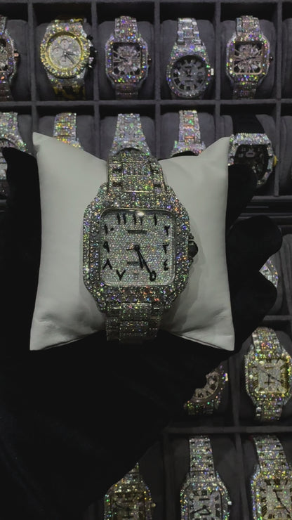 White Square Arabic Dial Modified Bend Moissanite Diamond Automatic Watch