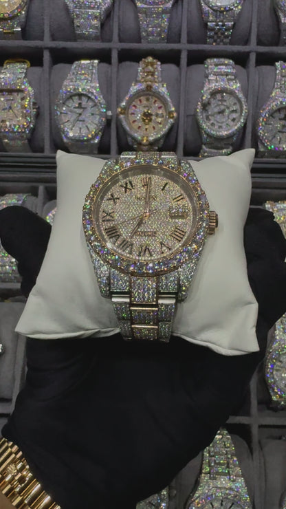 Rose White Round Roman Dial Oyster Bend Moissanite Diamond Automatic Watch
