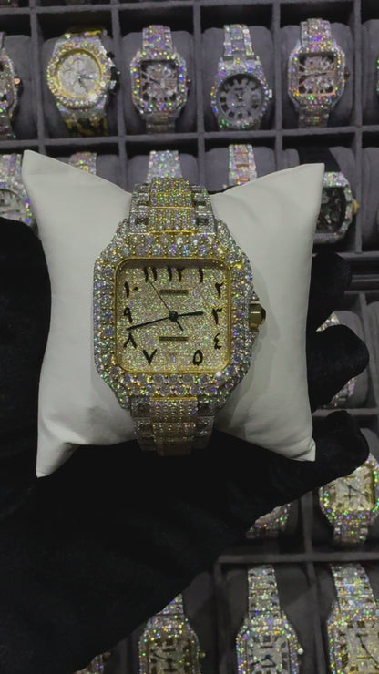 Yellow White Square Arabic Dial Modified Bend Moissanite Diamond Automatic Watch