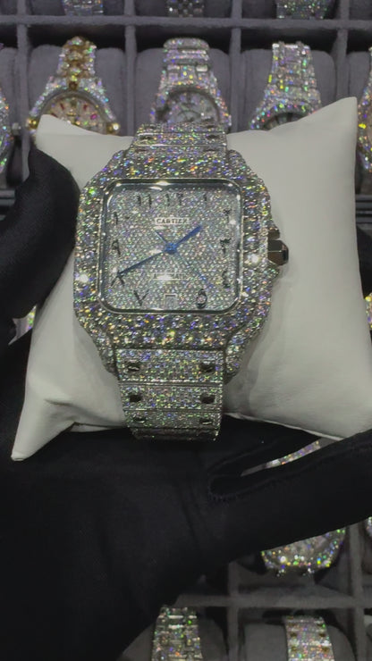 White Square Arabic Dial Santos Moissanite Diamond Automatic Watch