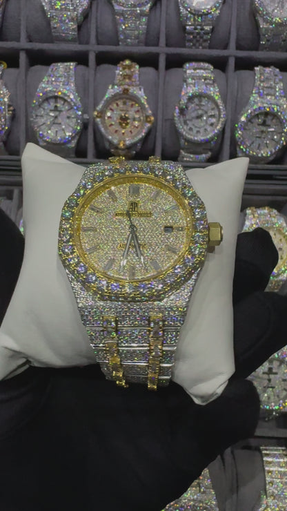 Yellow White Baguette Round Dial Modified Bend Moissanite Diamond Automatic Watch