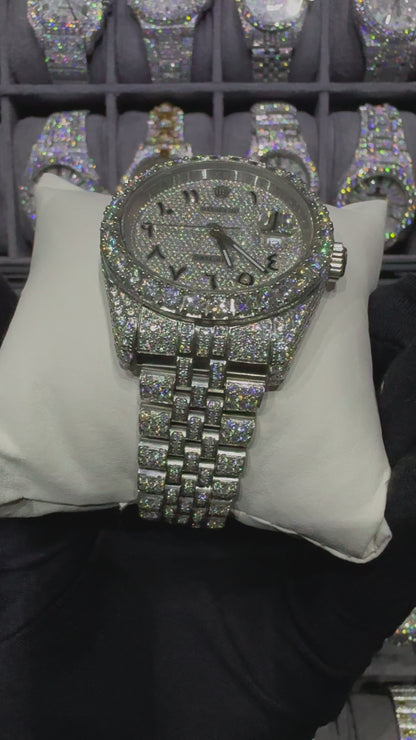 White Round Arabic Dial Jubliee Bend Moissanite Diamond Automatic Watch