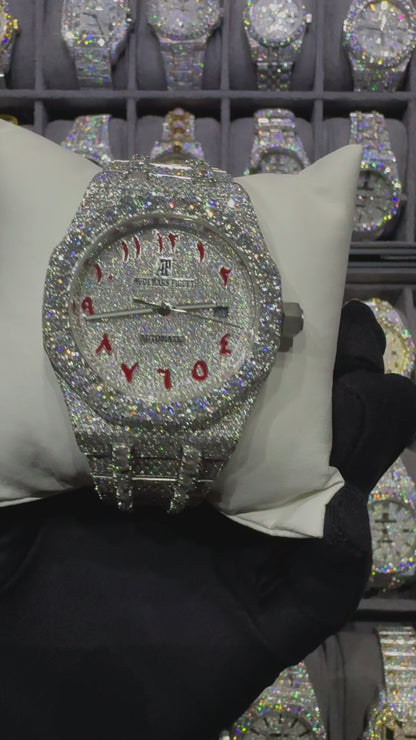 White Red Arabic Round Dial Modified Bend Moissanite Diamond Automatic Watch