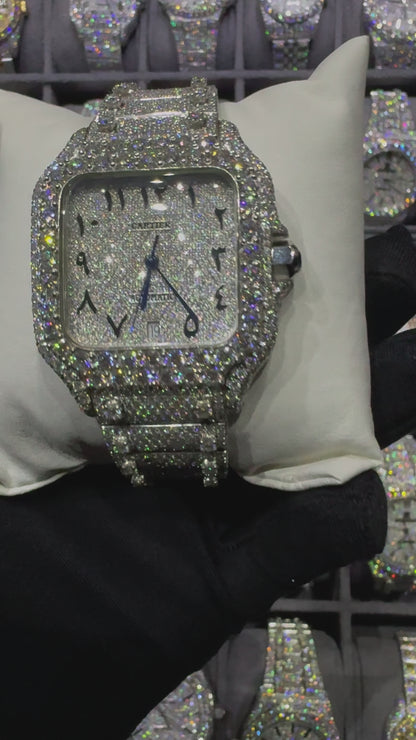 White Square Arabic Dial Ball On Bend Moissanite Diamond Automatic Watch