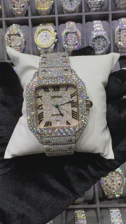 Rose White Square Dial Santos Moissanite Diamond Automatic Watch