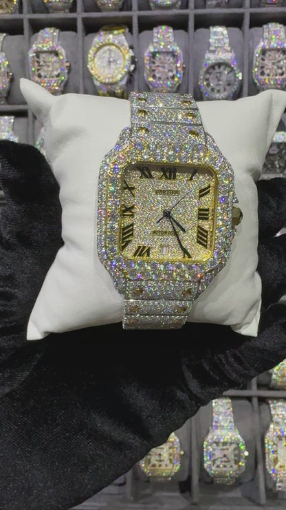 Yellow White Square Dial Santos Moissanite Diamond Automatic Watch