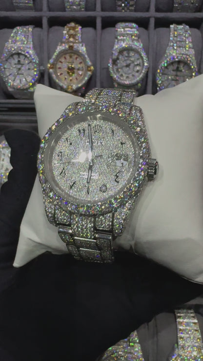 White Round Arabic Dial Oyster Bend Moissanite Diamond Automatic Watch