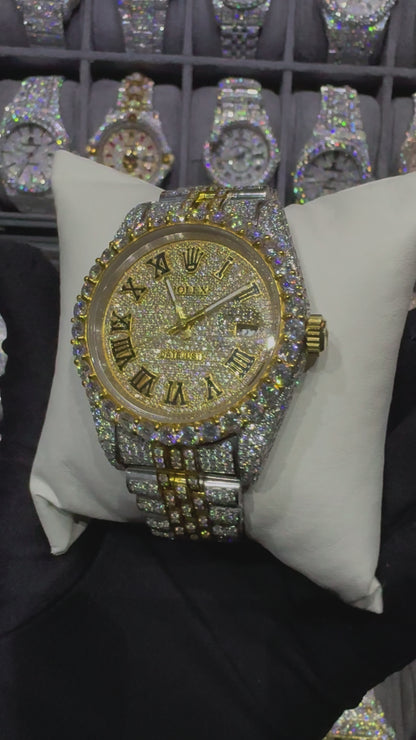 Yellow White Round Roman Dial Jubliee Bend Moissanite Diamond Automatic Watch