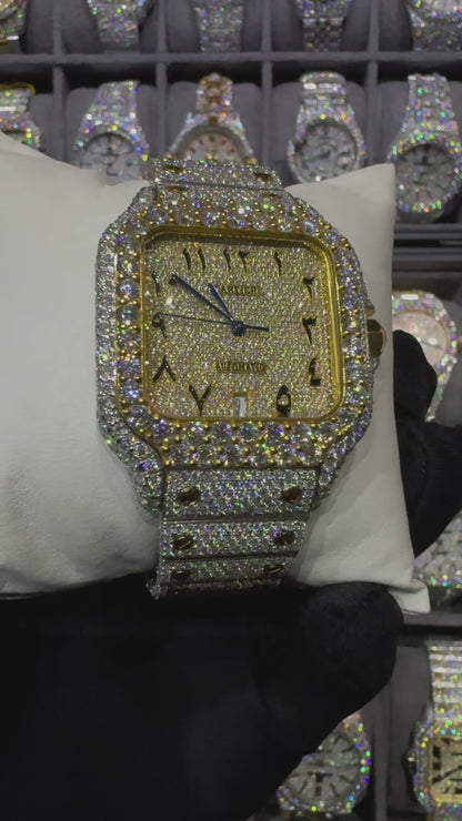 Yellow White Square Arabic Dial Moissanite Diamond Automatic Watch