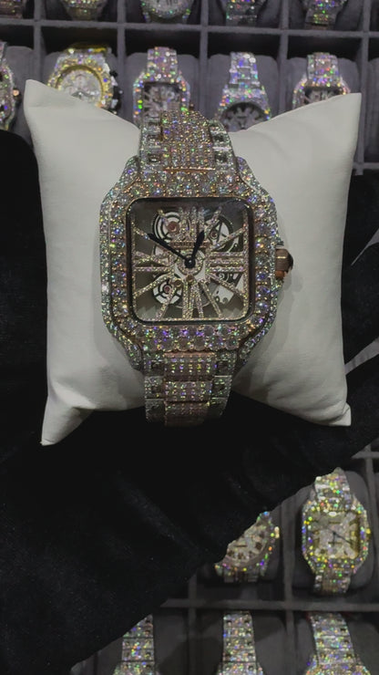 Rose White Square Dial Skeleton Modified Bend Moissanite Diamond Automatic Watch