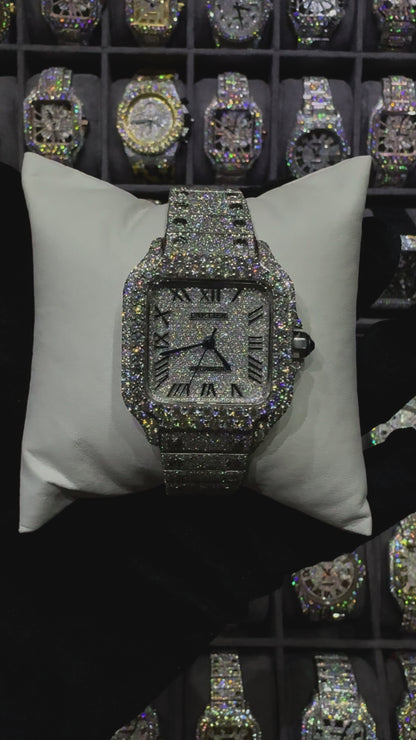 All White Santos 36mm Diamond Moissanite Automatic Watch