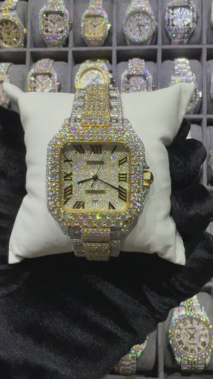 Yellow White Square Dial Modified Bend Moissanite Diamond Automatic Watch
