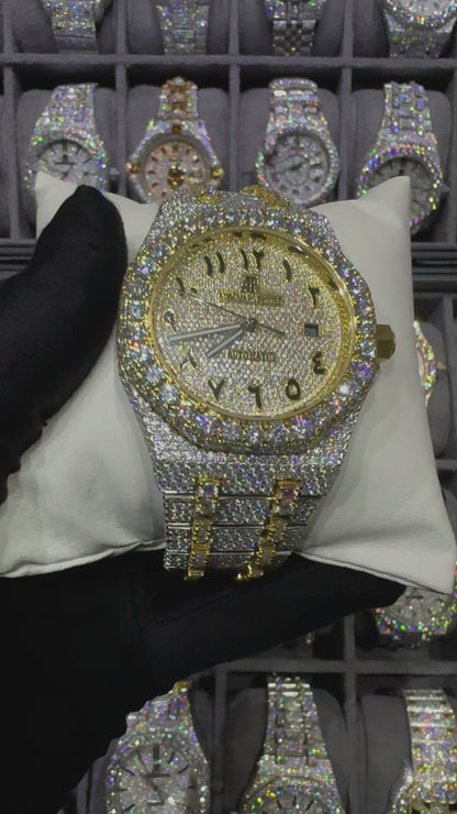 Yellow White Arabic Round Dial Modified Bend Moissanite Diamond Automatic Watch