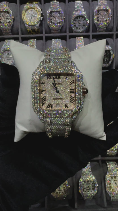 Rose White Square Dial Ball On Bend Moissanite Diamond Automatic Watch