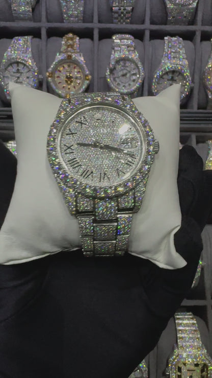 White Round Roman Dial Oyster Bend Moissanite Diamond Automatic Watch