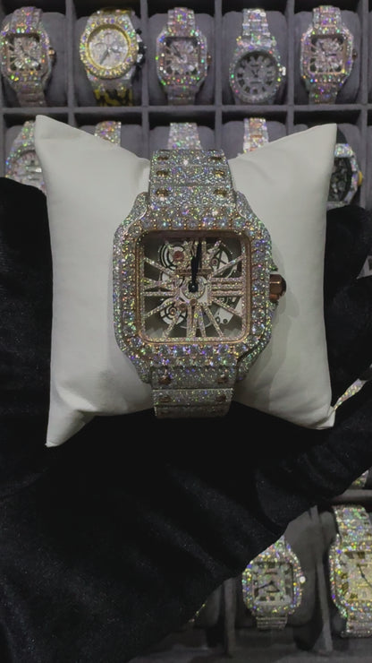Rose White Square Dial Skeleton Moissanite Diamond Automatic Watch