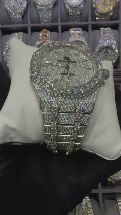 White Baguette Round Dial Modified Bend Moissanite Diamond Automatic Watch